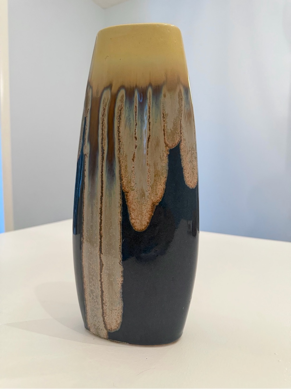Vintage MCM Drip Glaze Ceramic Pillow Vase 12" Navy Blue Beige Stoneware